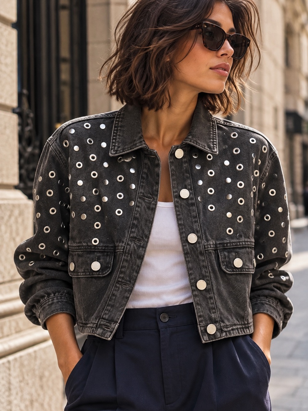 NWT | BLANKNYC Black Studded Grommet Cropped Denim Jacket XS